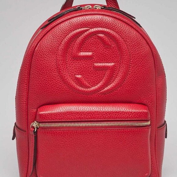 Gucci Red Pebbled Leather Soho Chain Backpack Bag - Picture 1 of 10